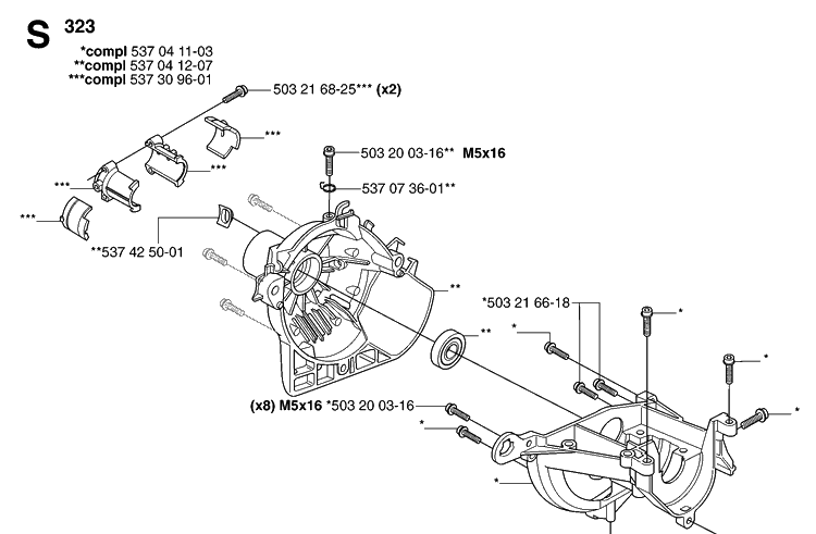 Crankcase Diagram and Parts List for 323R 20070100001-20144900000 Husqvarna Brush Cutter