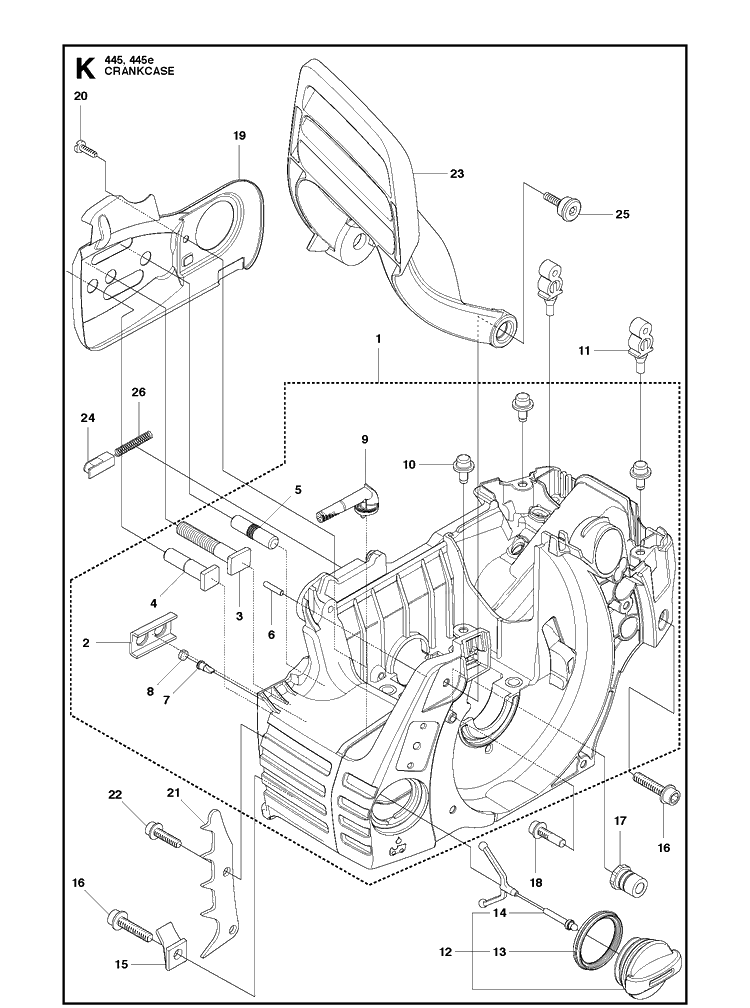 Crankcase Diagram and Parts List for 445 2011-07 Husqvarna Chainsaw