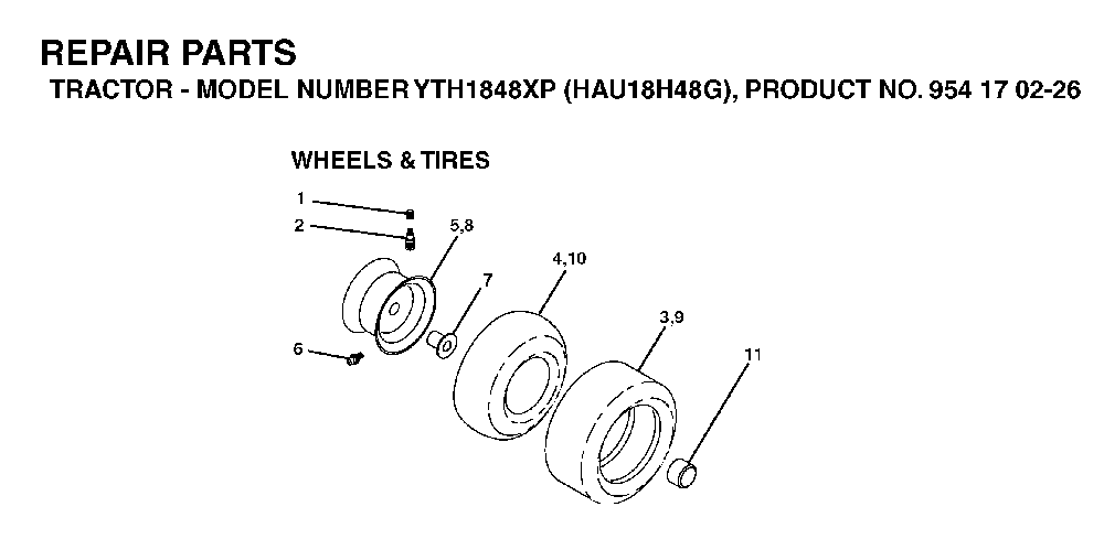 Wheels And Tires Diagram and Parts List for YTH1848XP (HAU18H48G, 954170226)(2004-09) Husqvarna Lawn Tractor