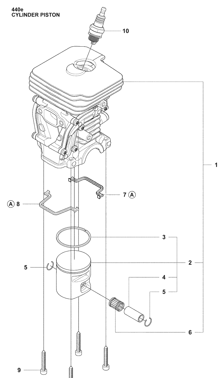 Cylinder Piston Diagram and Parts List for 440E 2009-02 Husqvarna Chainsaw