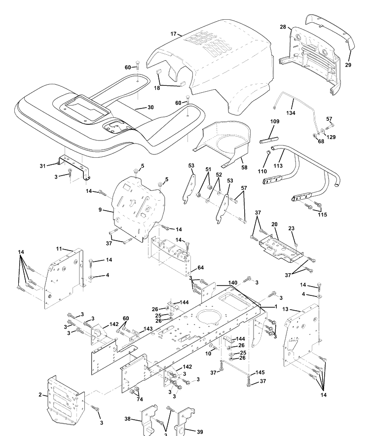Chassis And Enclosures Diagram and Parts List for LTH130 (954140005F)(1998-07) Husqvarna Lawn Mower