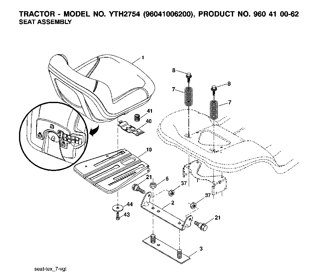 Seat Diagram and Parts List for YTH2754TWIN (96041006200, 960410062)(2007-04) Husqvarna Lawn Tractor