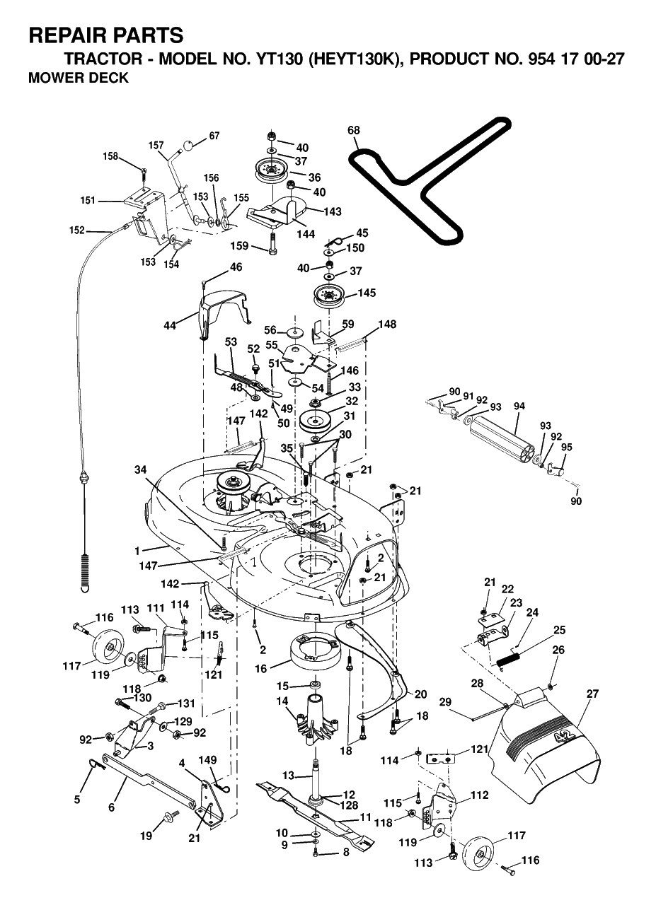 Mower Deck / Cutting Deck Diagram and Parts List for YT130 (954170027-K)(2000-03) Husqvarna Lawn Tractor