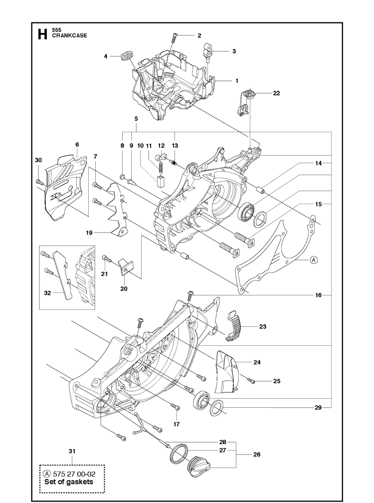 Crankcase Diagram and Parts List for 555 2013-01 Husqvarna Chainsaw
