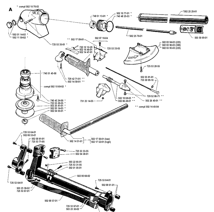 Shaft And Handle Diagram and Parts List for 265RX 19921800001-19954500000 Husqvarna Brush Cutter