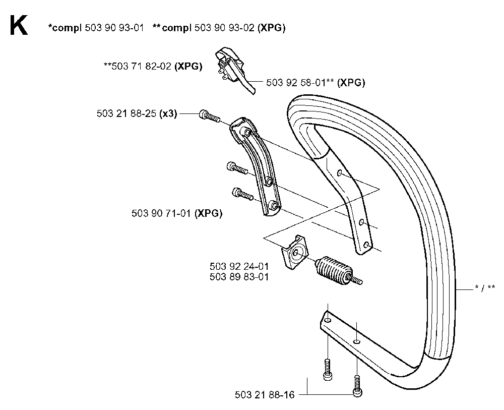 Handle Diagram and Parts List for 351EPA 20012200001 Husqvarna Chainsaw