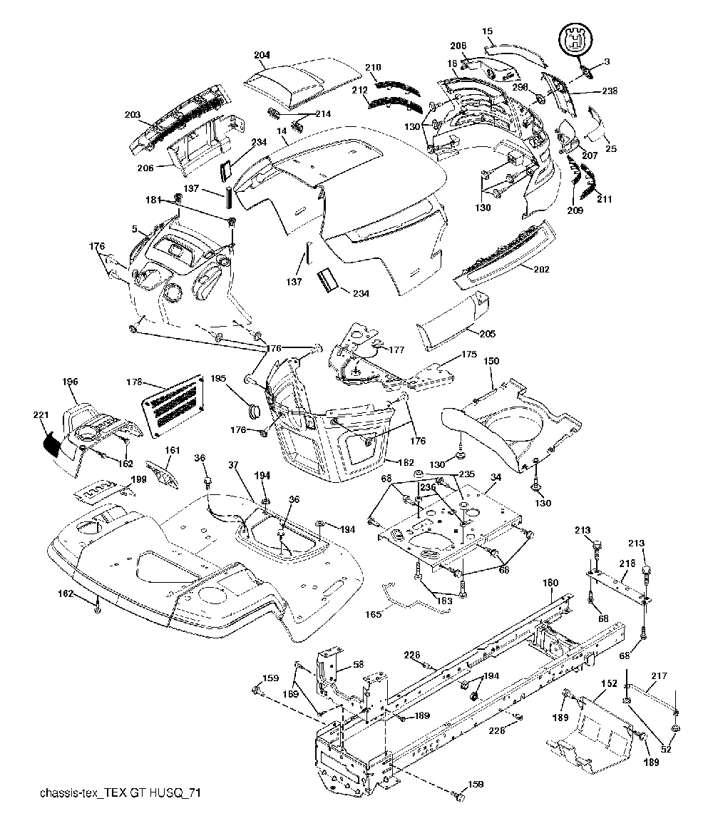 Chassis And Enclosures Diagram and Parts List for YTH200TWIN (96041006302)(2009-10) Husqvarna Lawn Tractor
