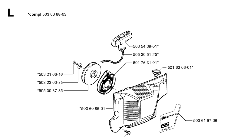 Starter Diagram and Parts List for 55 (RANCHER)(20001900001-20051400000) Husqvarna Chainsaw
