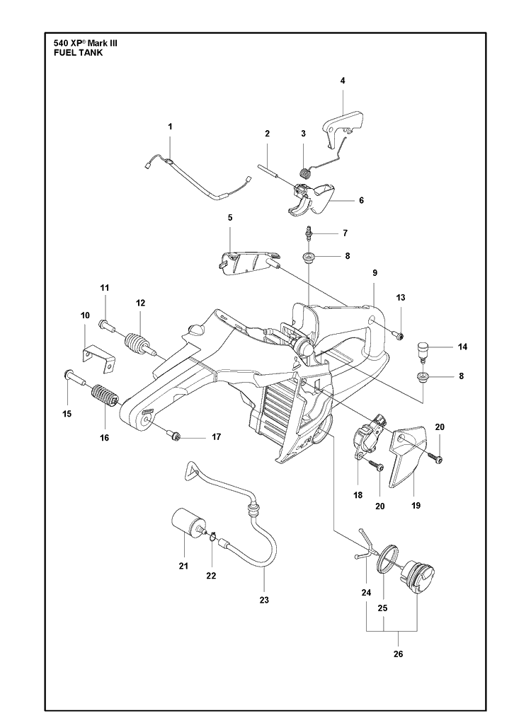 Fuel Tank Diagram and Parts List for 540XP Mark III Husqvarna Chainsaw