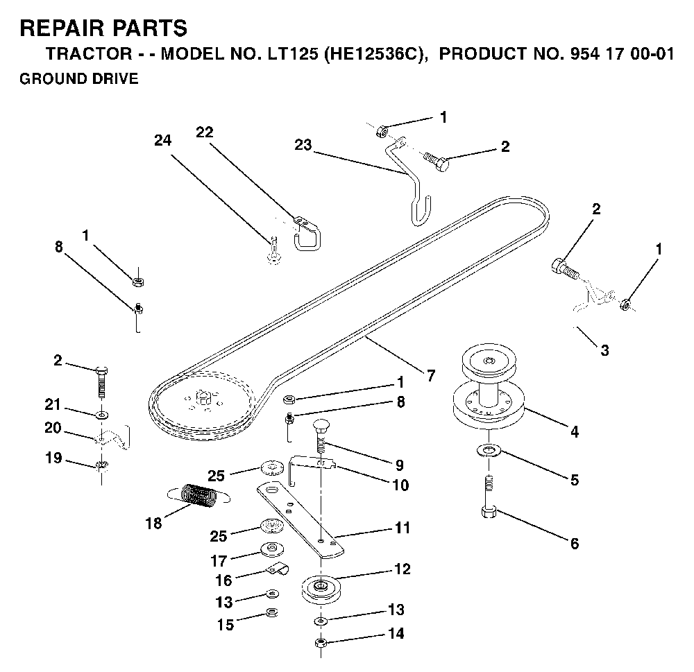 Drive Diagram and Parts List for LT125 (HE12536C, 954170001)(1996-01) Husqvarna Lawn Tractor