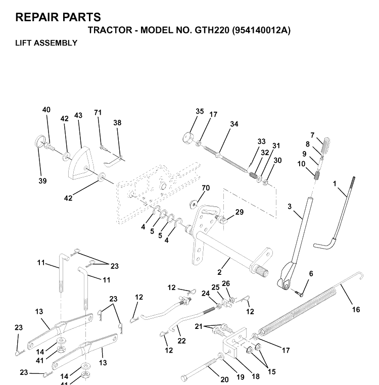 Mower Lift / Deck Lift Diagram and Parts List for GTH220 (954140012A)(1997-01) Husqvarna Lawn Tractor