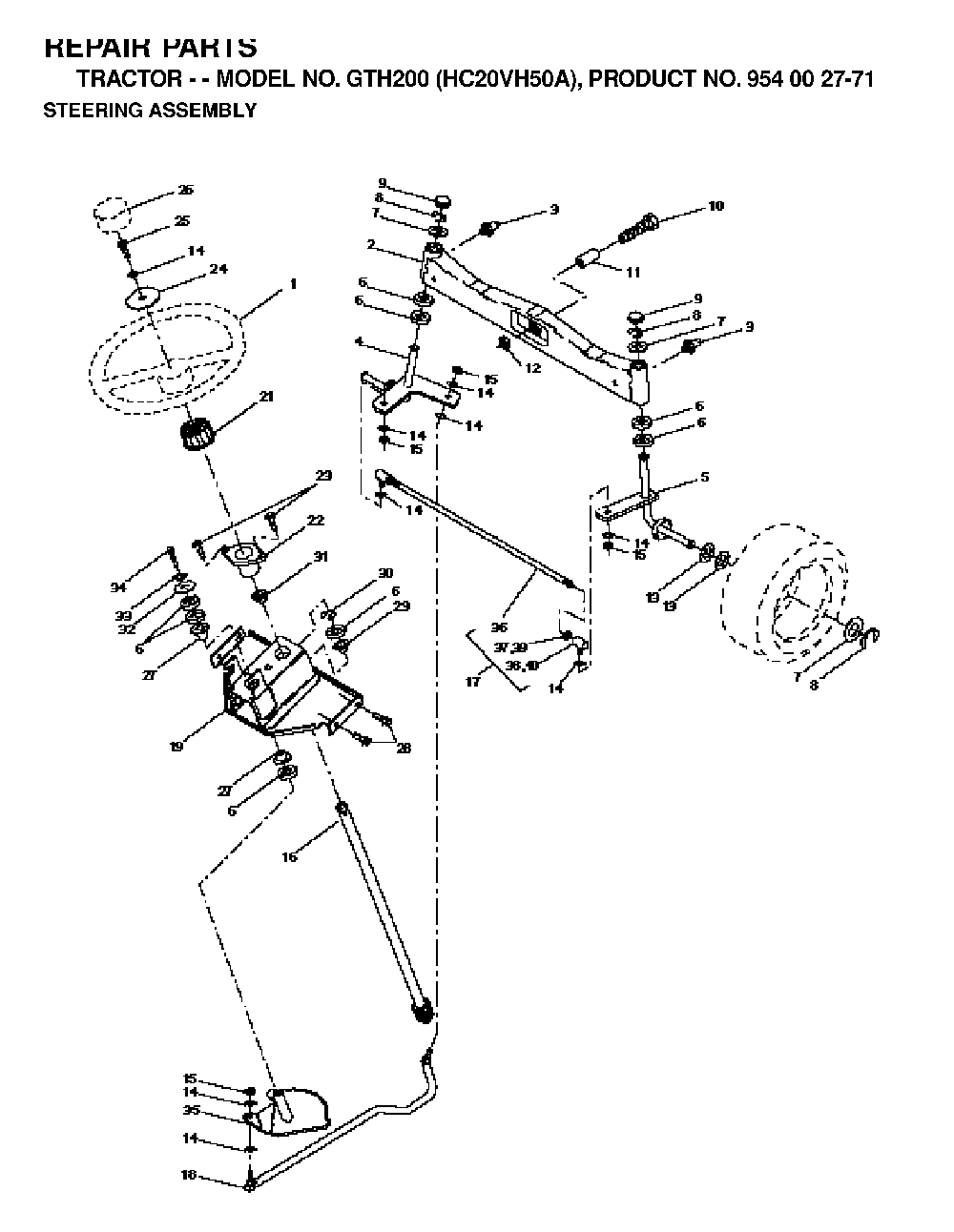 Steering Diagram and Parts List for GTH200 (HC20VH50A, 954002771)(1996-04) Husqvarna Lawn Tractor