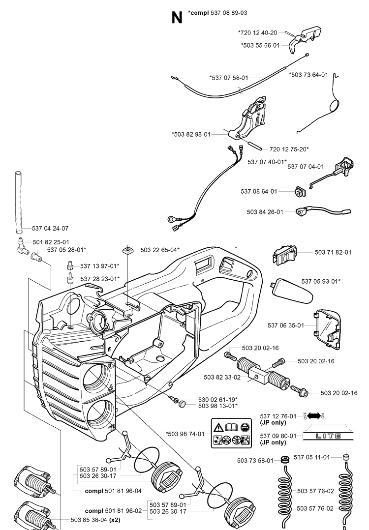 Fuel Tank And Handle Diagram and Parts List for 339XP 20040100001-20051000000 Husqvarna Chainsaw