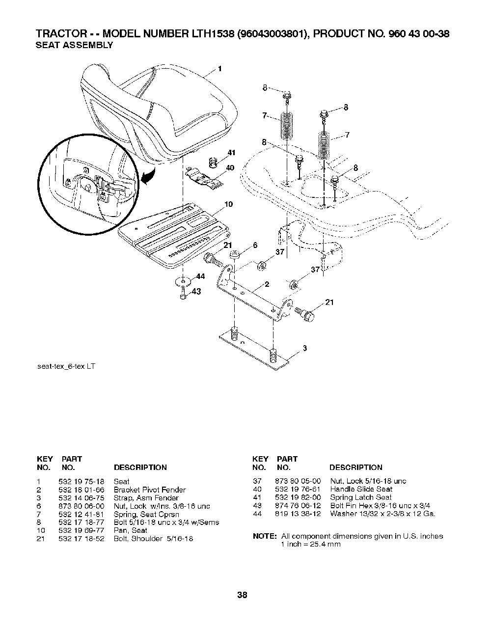 Seat Diagram and Parts List for LTH153896043003801 2007-08 Husqvarna Lawn Tractor