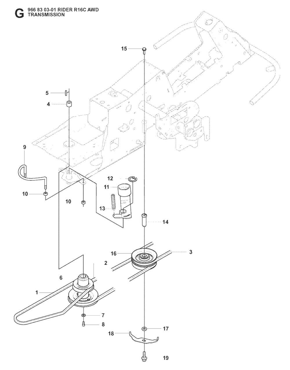 Transmission Diagram and Parts List for R16CAWD (966830301)(2008-04) Husqvarna Lawn Tractor