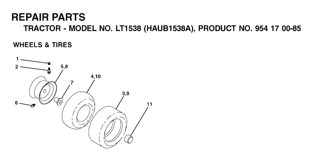 Wheels And Tires Diagram and Parts List for LT1538 (954170085-A)(2003-01) Husqvarna Lawn Tractor