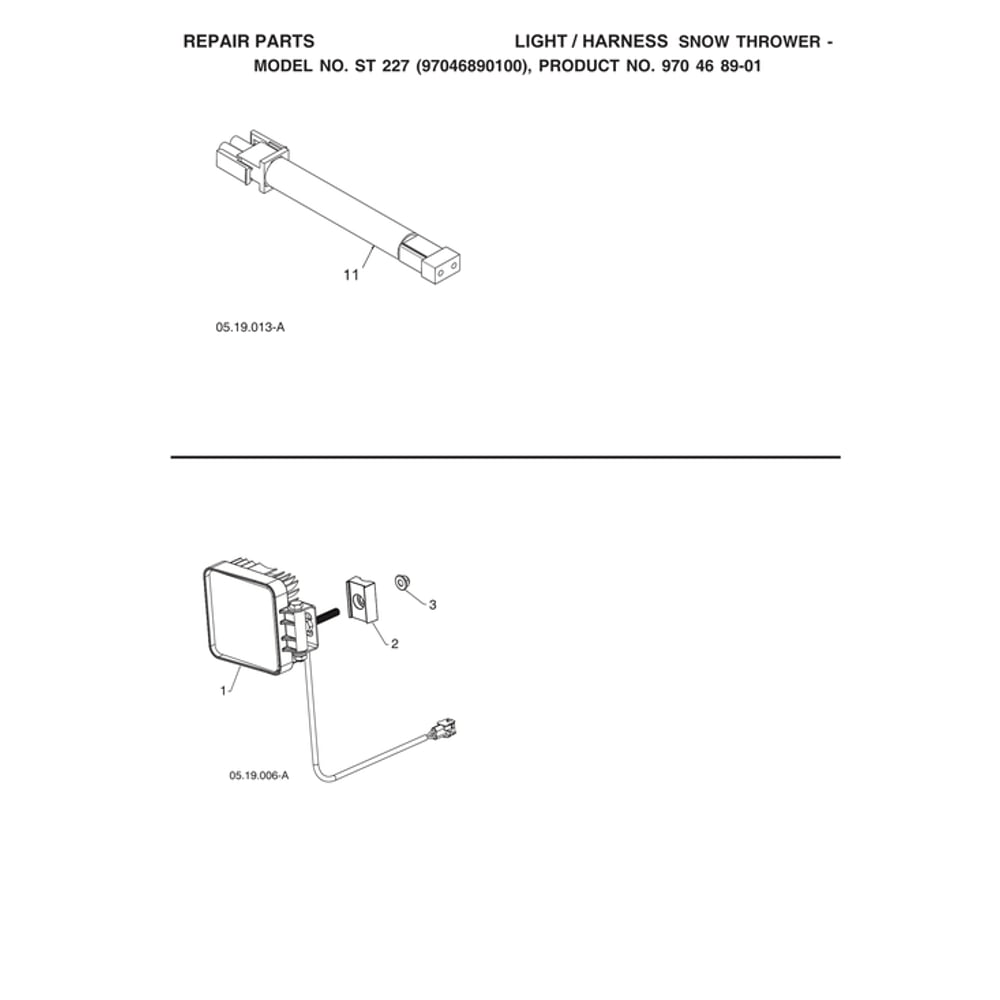 Light/Harness Diagram and Parts List for ST227-970528702  Husqvarna Snow Blower