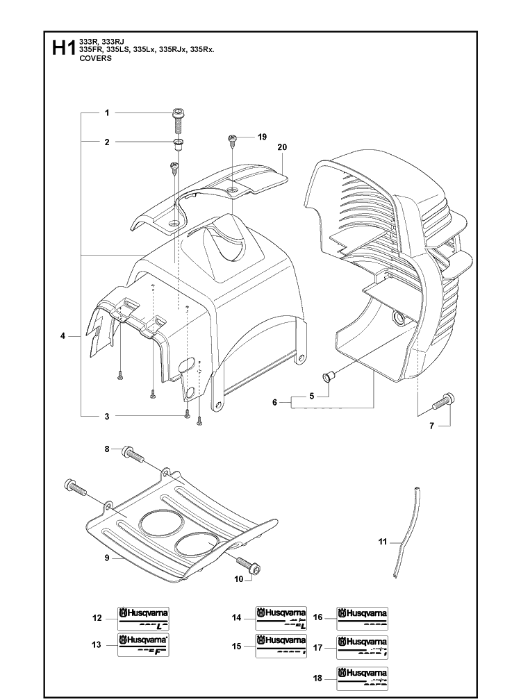Cover Diagram and Parts List for 335FR  Husqvarna Brush Cutter
