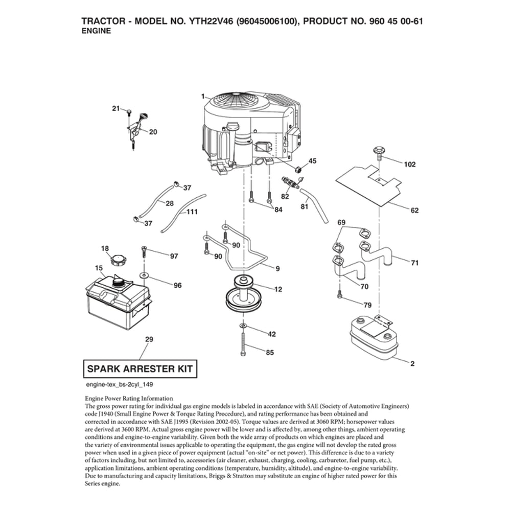 Engine Diagram and Parts List for YTH22V46-96045006100  Husqvarna Lawn Tractor