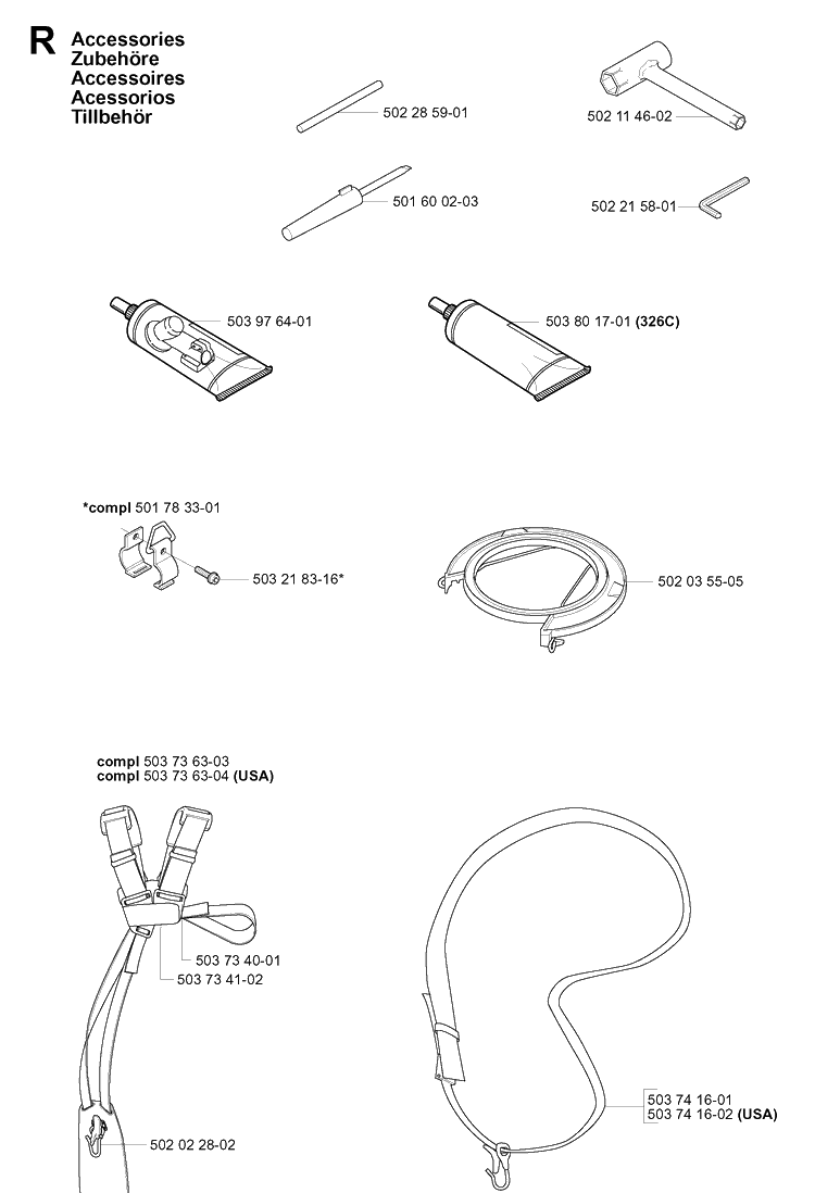 Accessories Diagram and Parts List for 326C 20010900001-20020500000 Husqvarna Edger