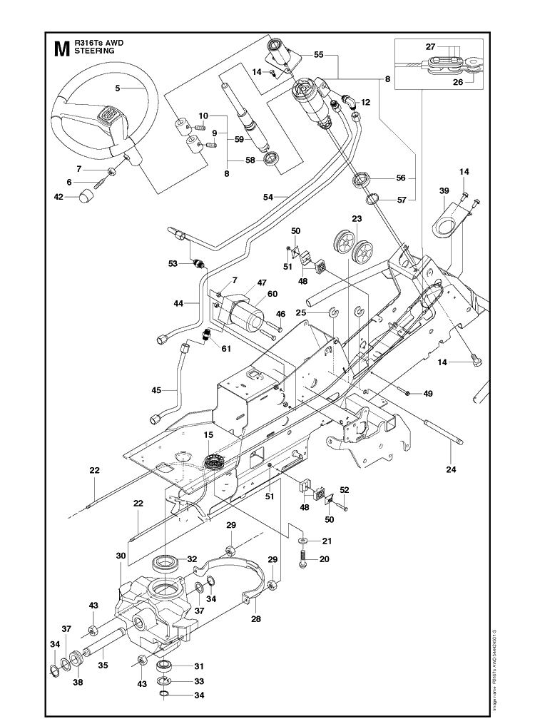 Steering Diagram and Parts List for R316TSAWD (966757701)(2012) Husqvarna Lawn Mower
