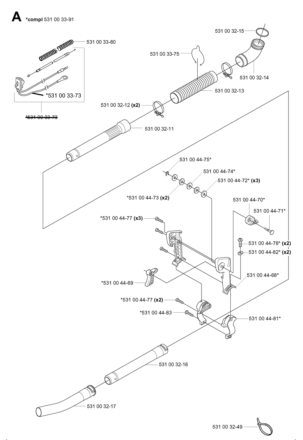 Tube Diagram and Parts List for 155B (20014000001-20041499999)(2001) Husqvarna Leaf Blower / Vacuum