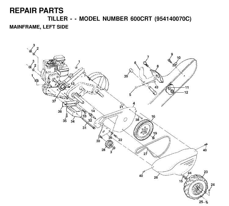 Mainframe, Left Side Diagram and Parts List for 600CRT (954140070C)(1999-09) Husqvarna Cultivator