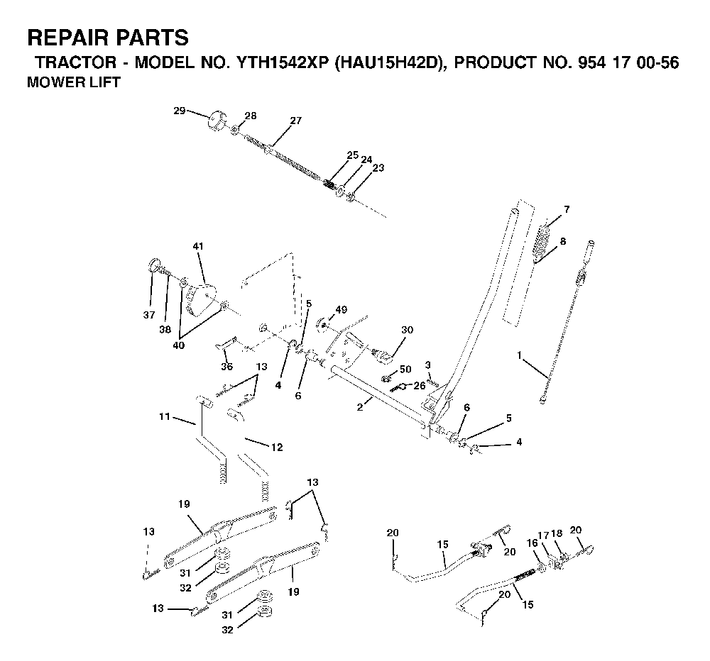 Mower Lift / Deck Lift Diagram and Parts List for YTH1542XP (HAU15H42D, 954170056)(2003-01) Husqvarna Lawn Tractor