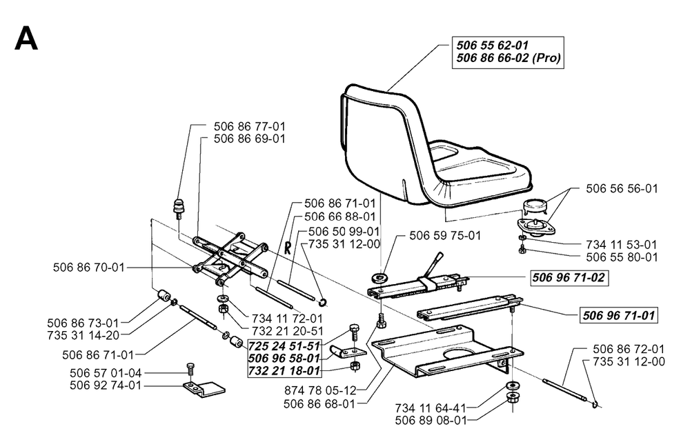 Seat Diagram and Parts List for R850HST 1998-03 Husqvarna Lawn Tractor