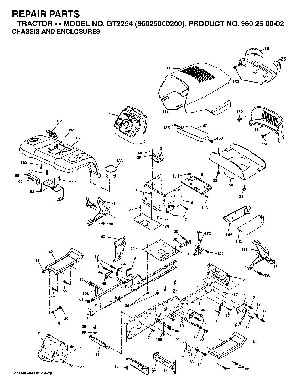 Chassis And Enclosures Diagram and Parts List for GT2254 (96025000200)(2005-05) Husqvarna Lawn Tractor