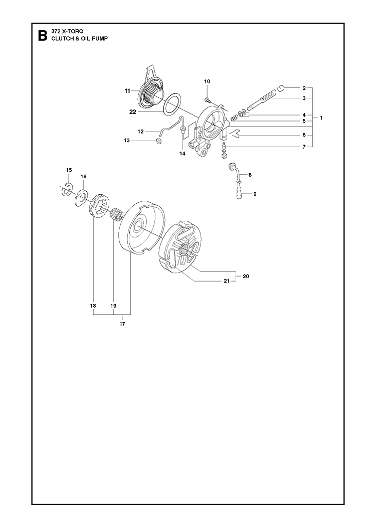 Clutch And Oil Pump 8 Diagram and Parts List for 372XP XPG X-TORQ Husqvarna Chainsaw
