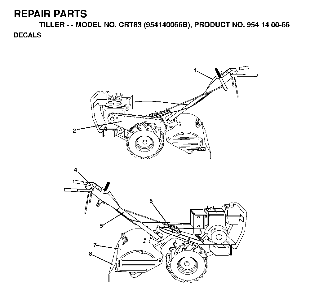 Decals Diagram and Parts List for CRT83 (954140066B)(1999-04) Husqvarna Tiller