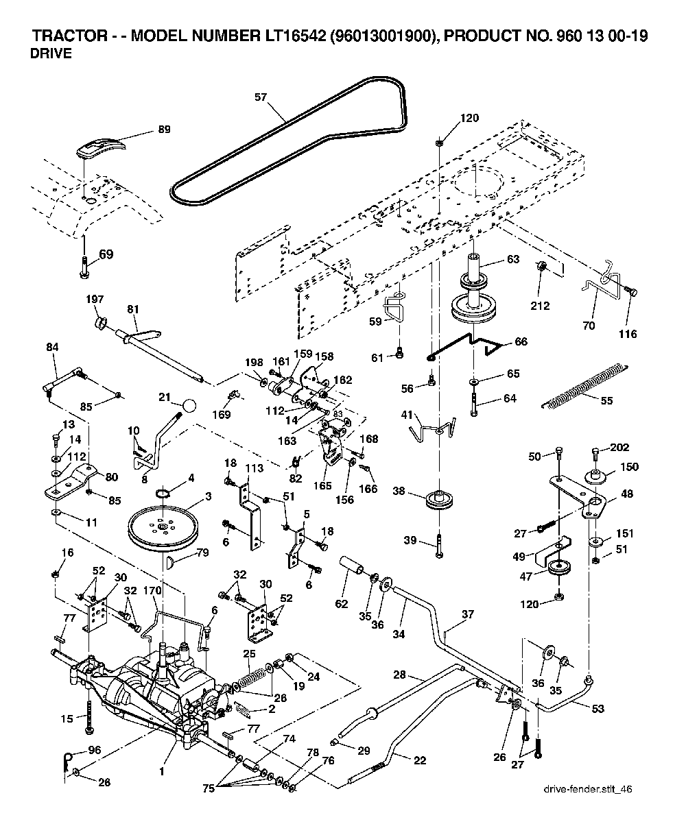 Drive Diagram and Parts List for LT16542 (96013001900)(2006-02) Husqvarna Lawn Tractor