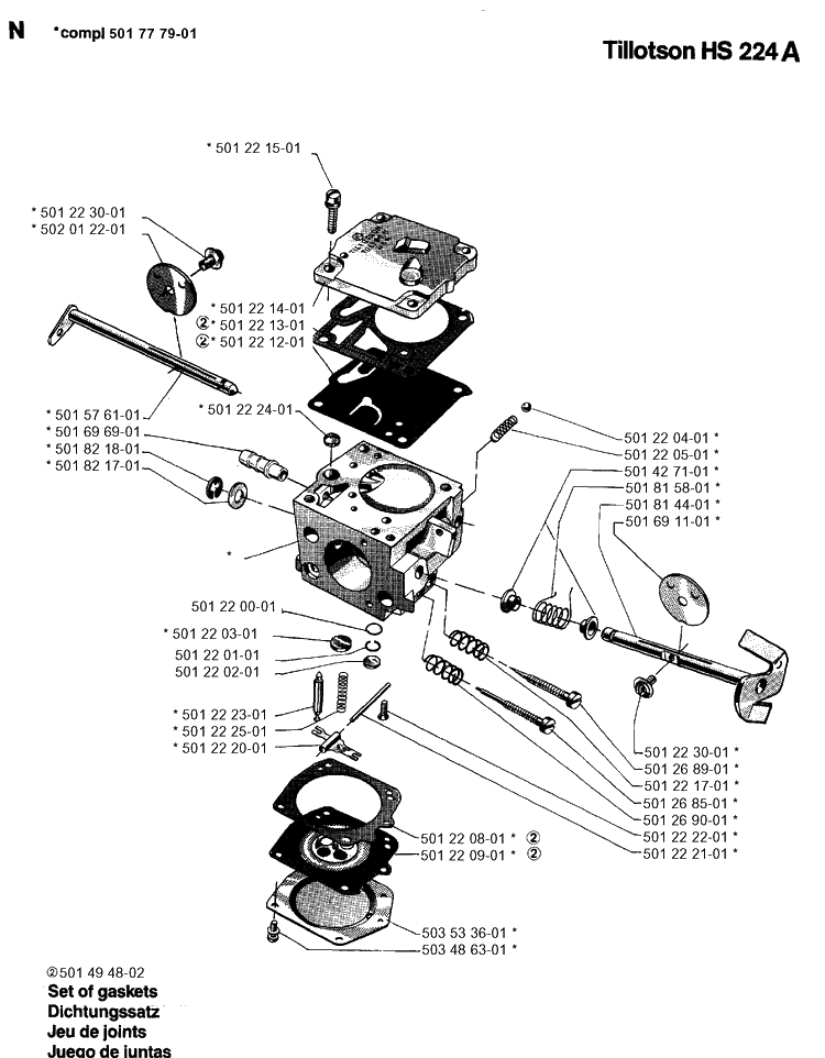 Carburetor Details Diagram and Parts List for 266 1993-09 replaced by 266 Husqvarna Chainsaw