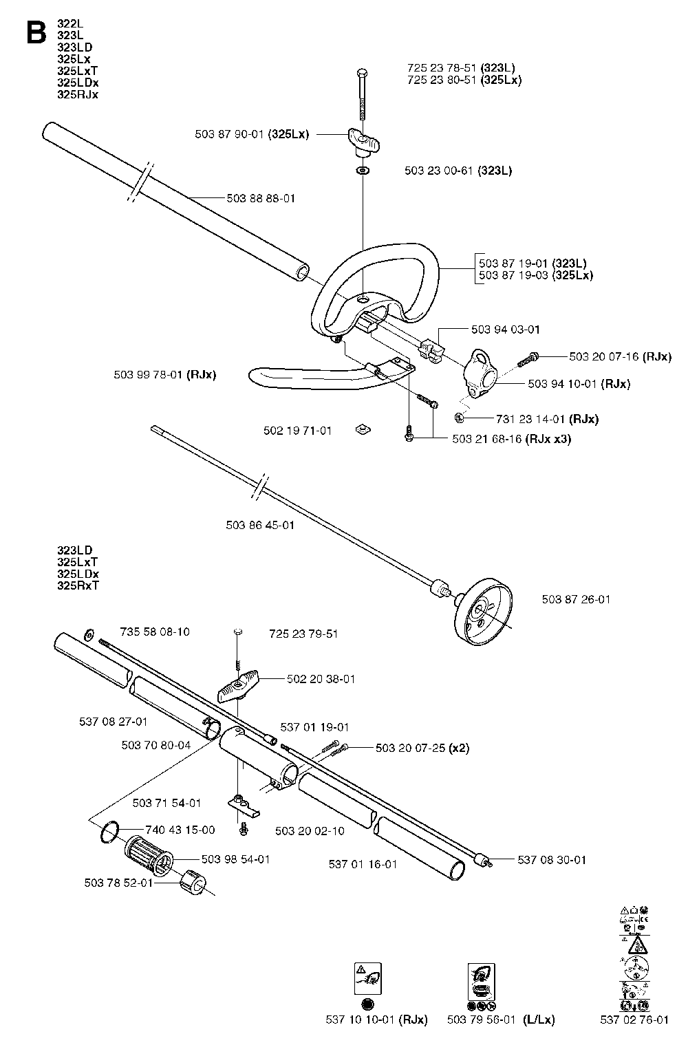 Shaft And Handle Diagram and Parts List for 325RXT 2002-01 Husqvarna Brush Cutter