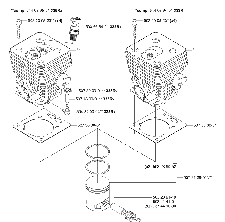 Piston / Cylinder Diagram and Parts List for 333RX 2005-06 Husqvarna Trimmer