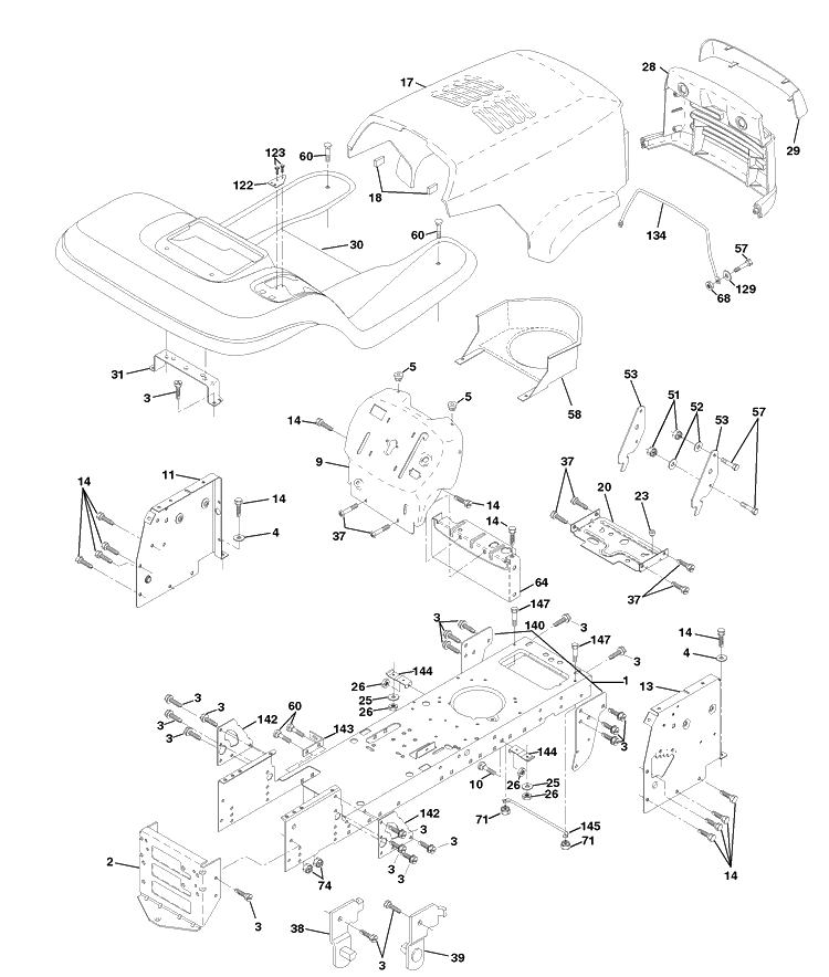Chassis And Enclosures Diagram and Parts List for LTH120 (954140003B)(1997-12) Husqvarna Lawn Mower