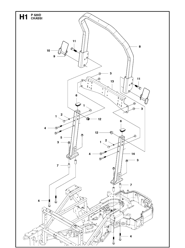 Chassis / Frame Diagram and Parts List for P520D (967019501)(20120100001-20143999999) Husqvarna Lawn Mower