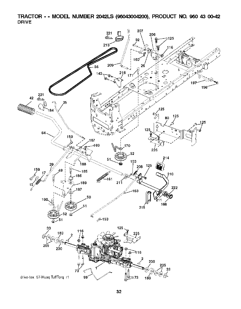 Drive Diagram and Parts List for 2042LS (96043004200)(2008-01) Husqvarna Lawn Tractor