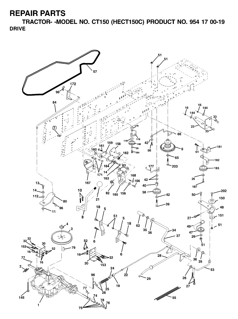 Drive Diagram and Parts List for CT150 (954170019-C)(2001-01) Husqvarna Lawn Tractor