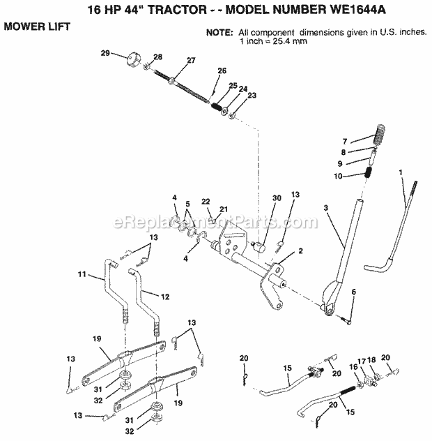 Mower Lift Diagram and Parts List for WE1644A 1994 Husqvarna Lawn Tractor