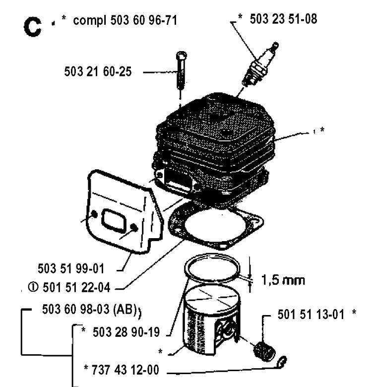 Cylinder Piston Diagram and Parts List for 272XP 19930100001-19970100000 Husqvarna Chainsaw