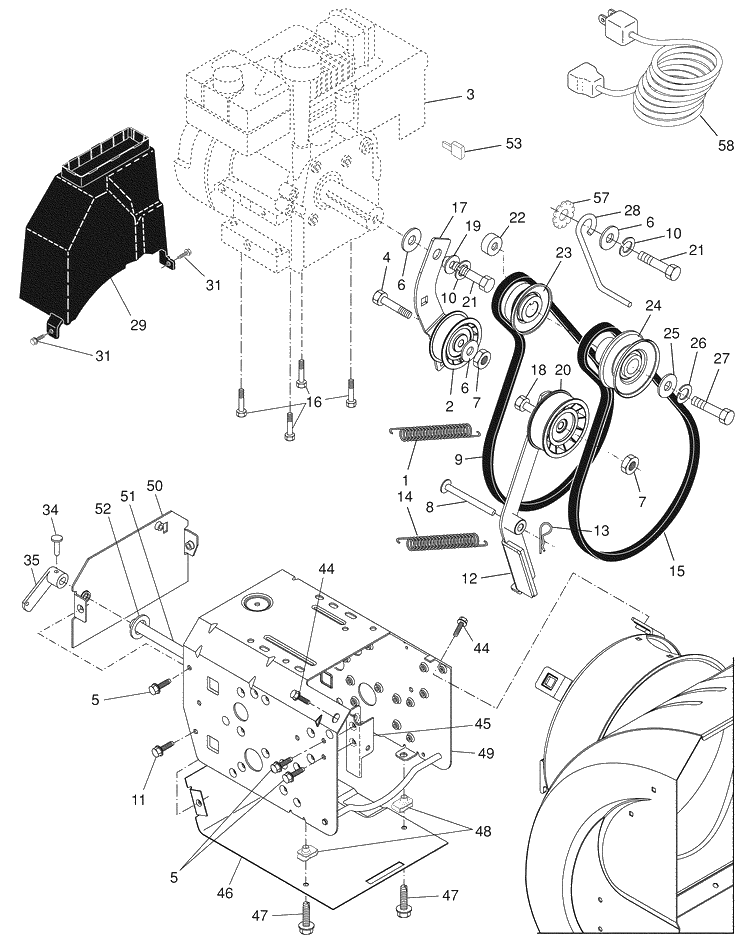 Chassis / Engine / Pulleys Diagram and Parts List for 1330SBEXP (96193001903)(2007-11) Husqvarna Snow Blower