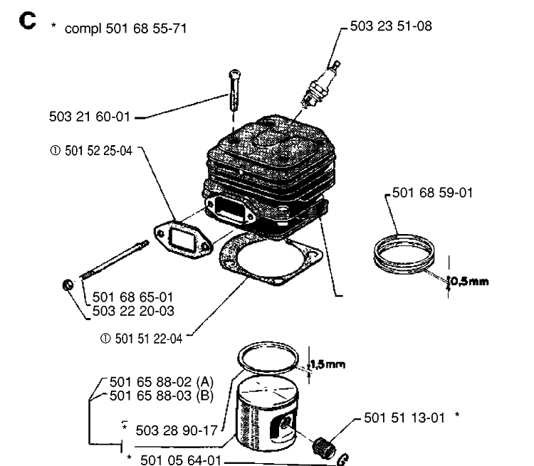 Cylinder Piston Diagram and Parts List for 266  Husqvarna Chainsaw