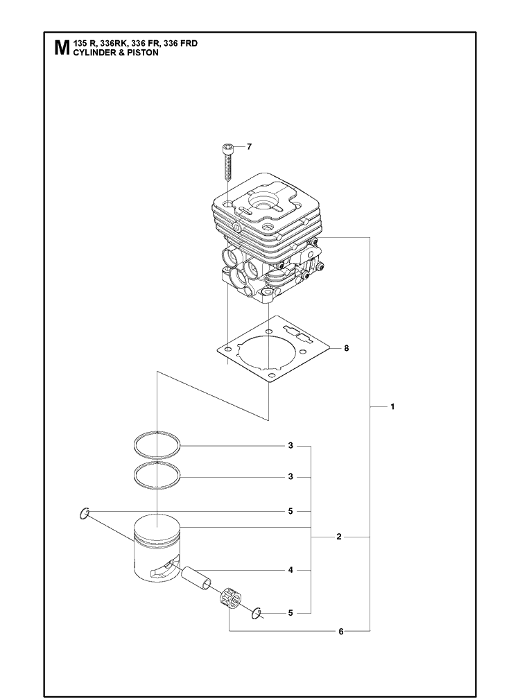 Cylinder Piston Diagram and Parts List for 135R  Husqvarna Brush Cutter