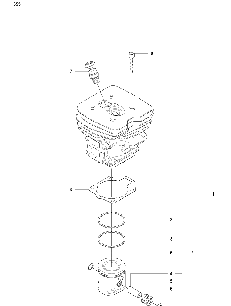 Cylinder/Piston (355) Diagram and Parts List for 355FXT 2008-07 Husqvarna Brush Cutter