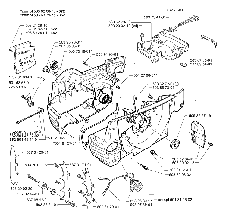 Crankcase Diagram and Parts List for 362EPA 2001-10 Husqvarna Chainsaw