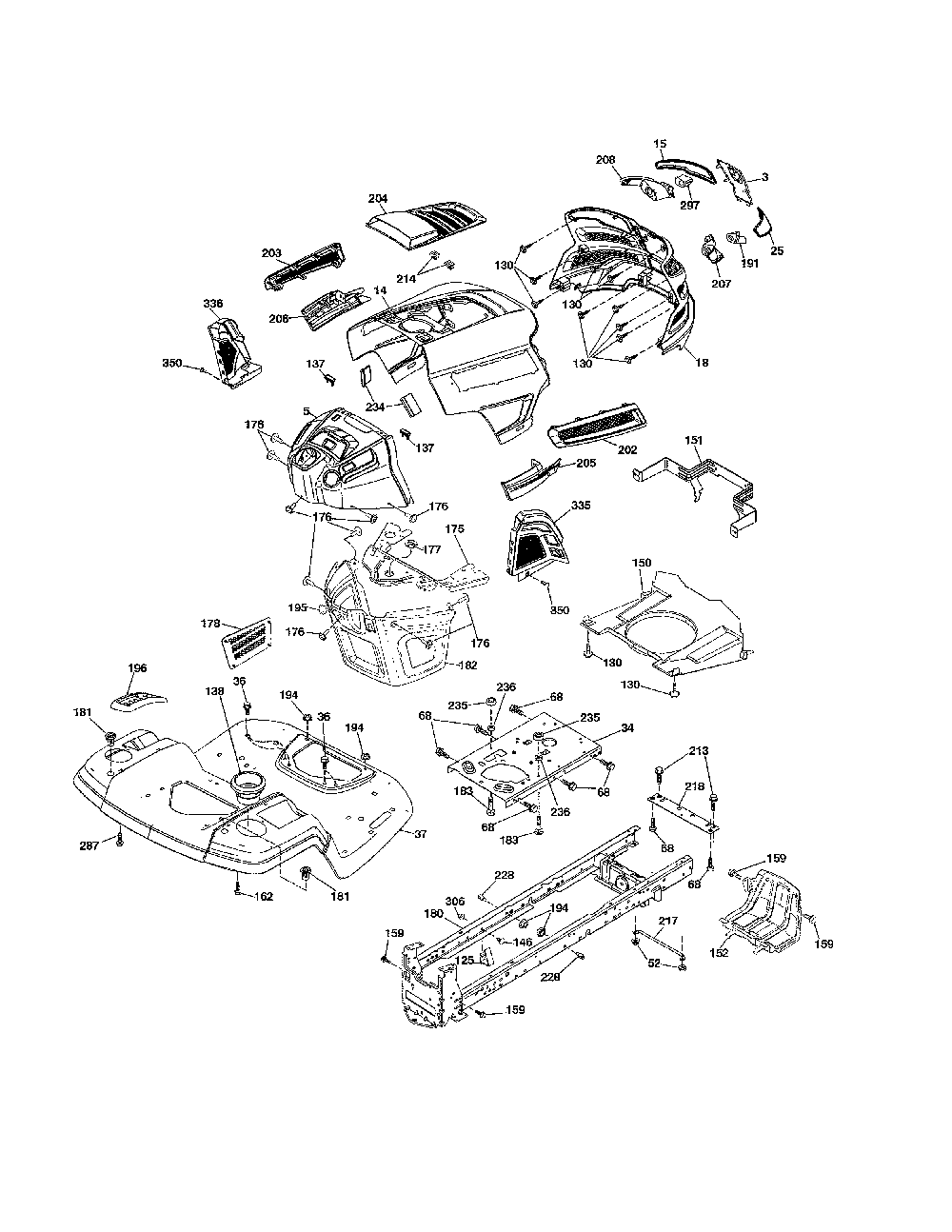 Chassis Diagram and Parts List for YTH22V46-96043018101  Husqvarna Lawn Tractor