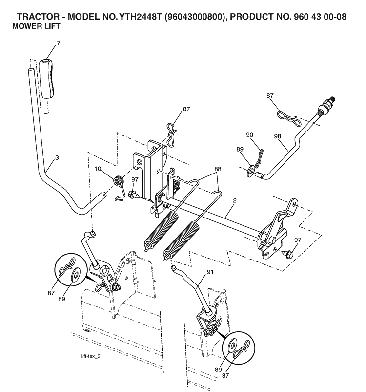 Mower Lift / Deck Lift Diagram and Parts List for YTH2448T (96043000800)(2006-01) Husqvarna Lawn Tractor