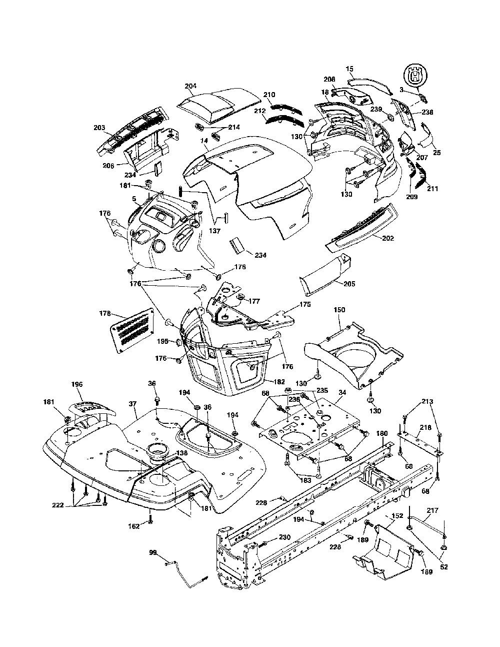 Chassis Diagram and Parts List for YTH20K46-96043003300  Husqvarna Lawn Tractor